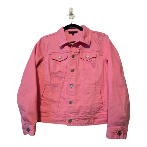 Talbots Denim Trucker Jacket Womens Petite MED Pink Pockets Classic Stretch - Picture 1 of 9